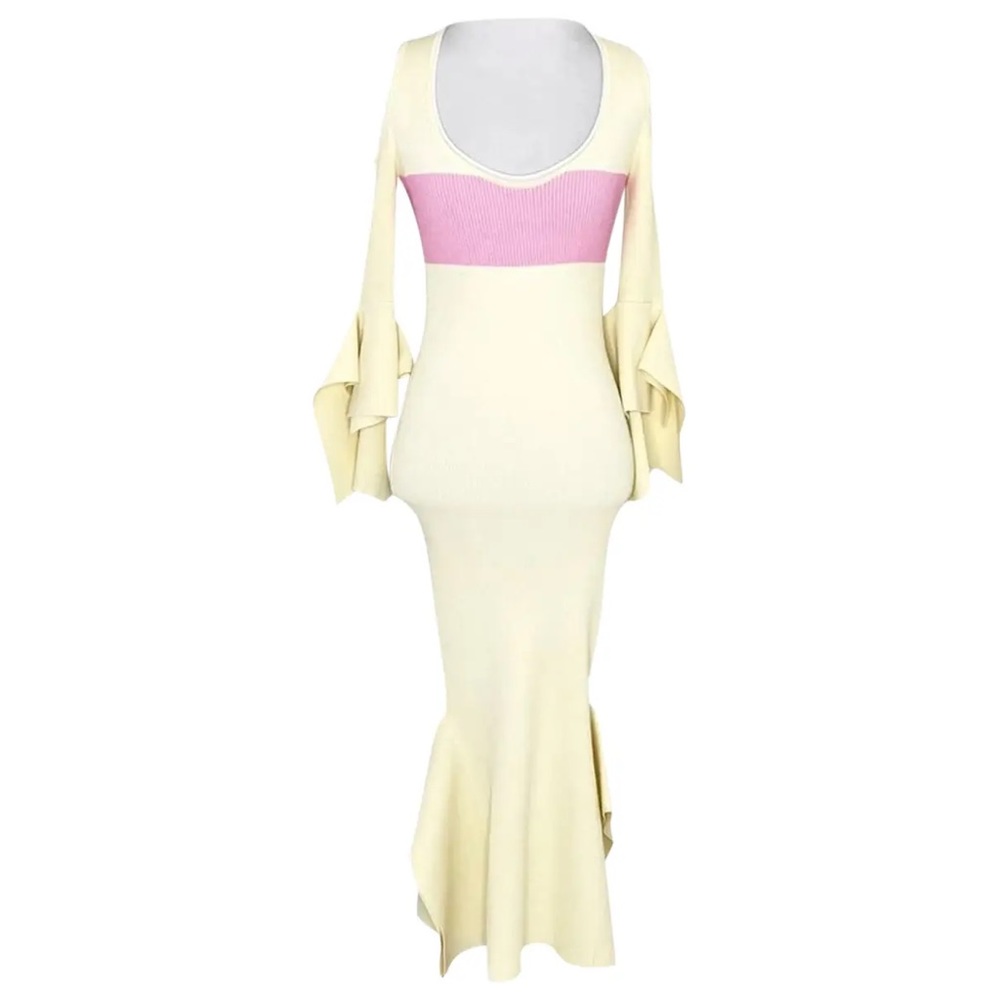 NWT Roland Mouret Yellow Pink Ribbed Scoop Neck Cutout Shoulder Midi Dress sz L